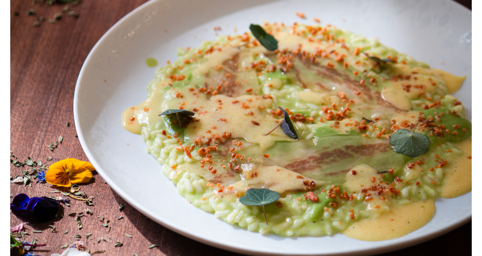 Risotto agli asparagi, zabaione e patanegra